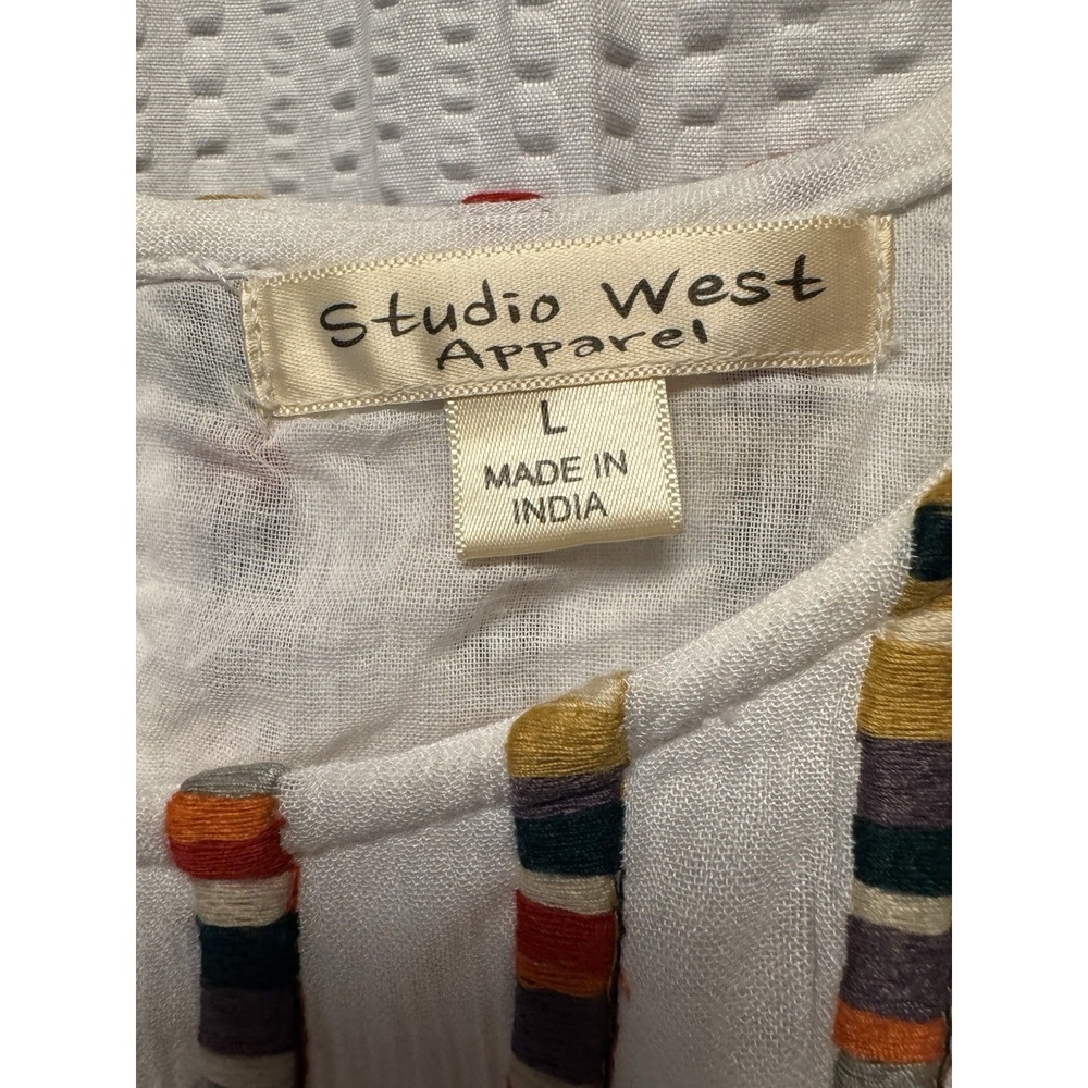Studio West Women's White Tiered Ruffle Cap Sleeve Rayon SZ L Dress Embroidered - Picture 7 of 15
